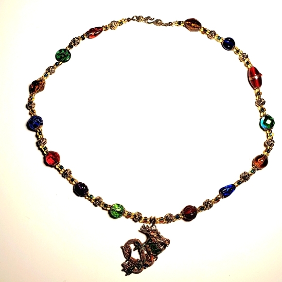 Jewelry - VINTAGE Colorful Beaded Necklace with Dragon Charm 24" L